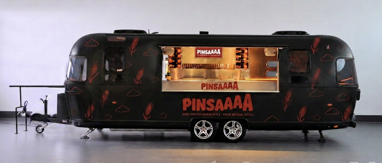 The black PINSAAAA Airstream trailer with its serving hatch open