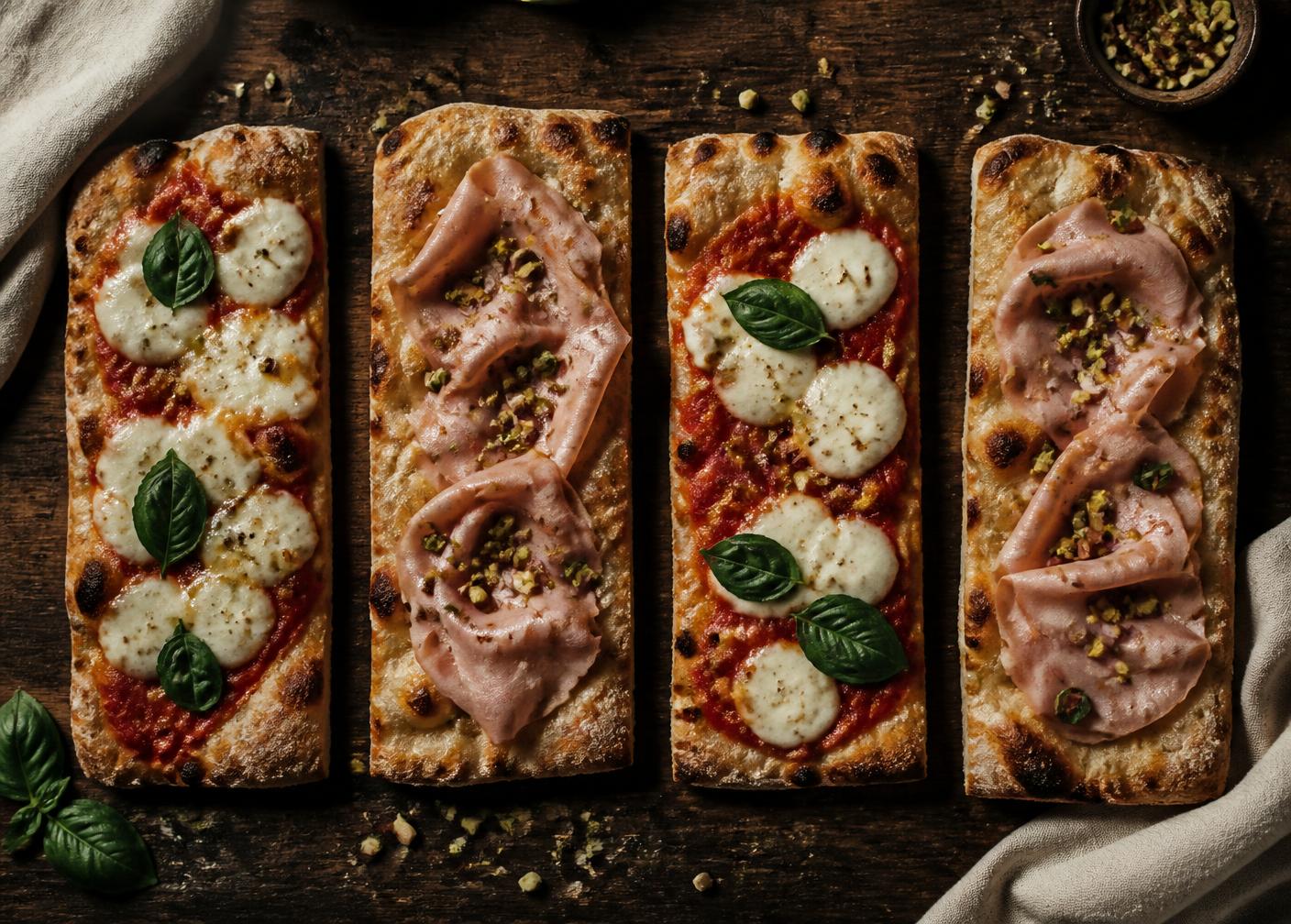 Roman pinsa slices with mozzarella, basil and mortadella